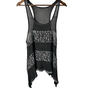 Gray Floral Lace and Mesh Tiered Flowy Racerback Tank Top Boho Lagenlook Medium